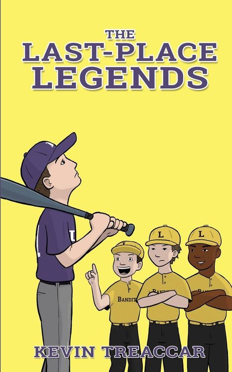 "The Last-Place Legends" und "Kevin Treaccar" in lila Schrift auf gelbem Hintergrund. Illustration von vier Baseballspielern.
