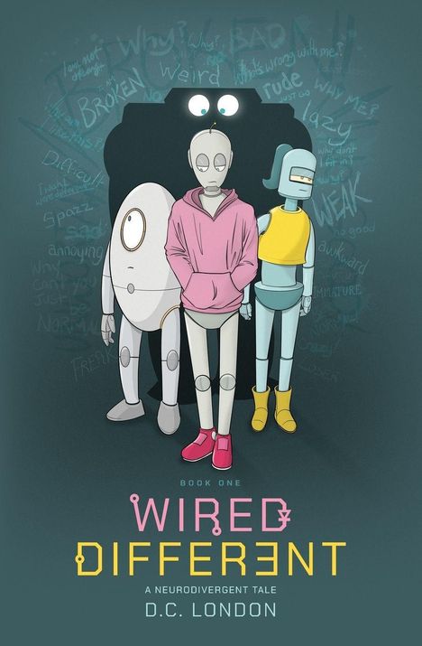 „WIRED DIFFERENT“, „A NEURODIVERGENT TALE“, „D.C. LONDON“. Drei Roboter, einer trägt einen pinken Hoodie.