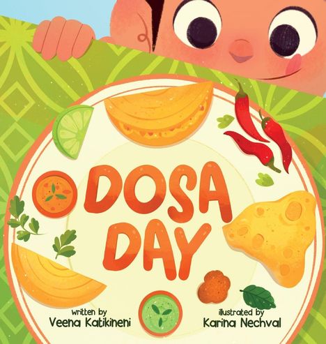 „Dosa Day“ steht in der Mitte, umgeben von Gewürzen und Dosas. Ein Kind schaut neugierig darüber. Illustrative Gestaltung.