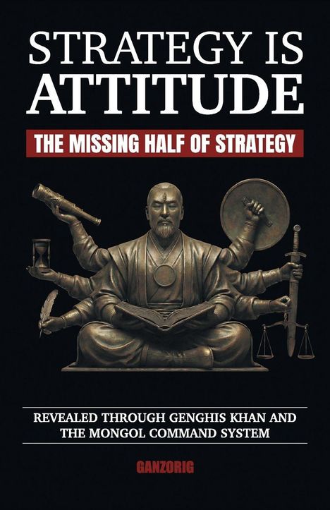 „STRATEGY IS ATTITUDE. The Missing Half of Strategy“. Statue mit sechs Armen, Buch, Schwert, Waage und mehr haltend.