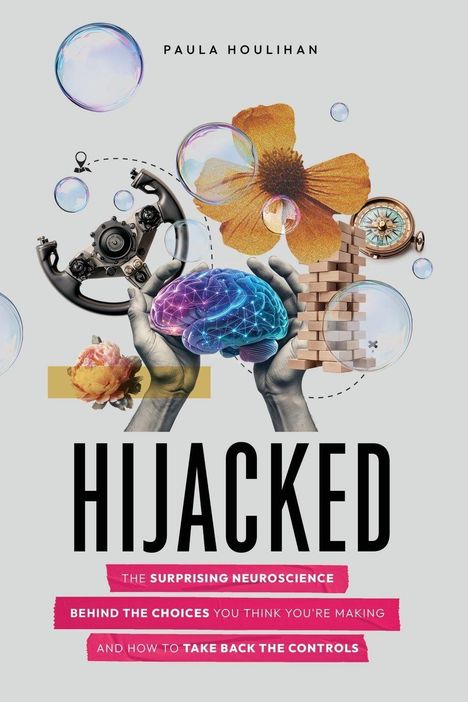"HIJACKED" steht zentral. Hände halten ein Gehirn, umgeben von Blumen, einem Lenkrad, Jenga-Turm und Kompass.
