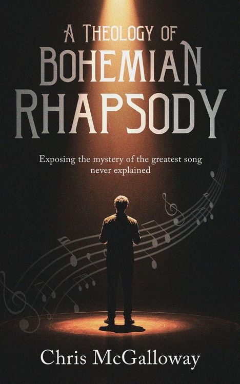 Titel: A Theology of Bohemian Rhapsody. Untertitel: Exposing the mystery of the greatest song never explained. Autor: Chris McGalloway. Ein Mann steht im Spotlight, umrahmt von Notenlinien.