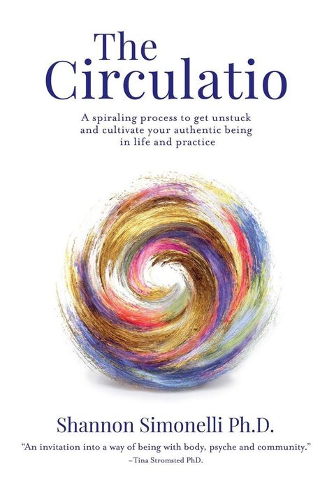 "The Circulatio" in blau, Zitat über Authentizität, darunter ein wirbelndes, buntes Gemälde. Autor: Shannon Simonelli Ph.D.