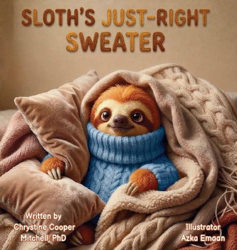 Text: "Sloth's Just-Right Sweater". Ein Faultier in blauem Pullover kuschelt in Decken.