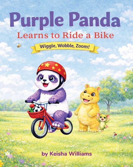 "Purple Panda Learns to Ride a Bike. Wiggle, Wobble, Zoom! by Keisha Williams." Illustration: Ein lila Panda auf einem Fahrrad.
