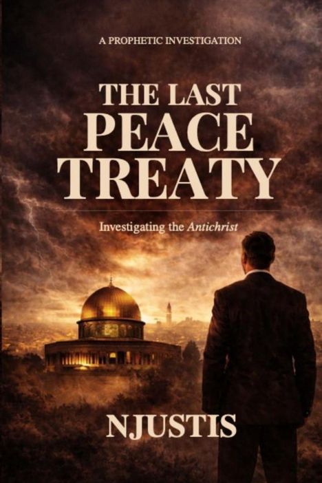 Text: "A Prophetic Investigation. The Last Peace Treaty. Investigating the Antichrist. NJUSTIS." Ein Mann vor Kuppelbau.