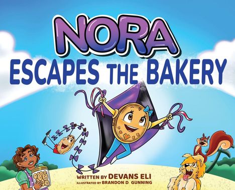 „NORA ESCAPES THE BAKERY“. Eine fröhliche Keksfigur fliegt mit Drachen, ein Mädchen hält einen Keks. Ein Hund und ein Eichhörnchen schauen zu.