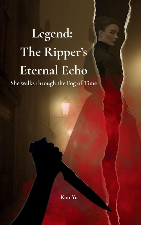 „Legend: The Ripper's Eternal Echo“, Frau im Dunkeln, roter Nebel, erhobenes Messer im Vordergrund. Autor: Koo Yu.