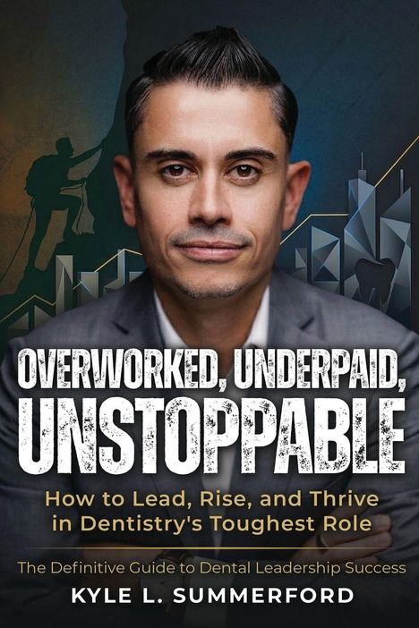 „Overworked, Underpaid, Unstoppable.“ Ein Mann in Anzug, Hintergrund mit Bergsteiger und stilisierten Gebäuden.