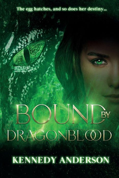 Text: „The egg hatches, and so does her destiny… BOUND BY DRAGONBLOOD. KENNEDY ANDERSON." In Grüntönen gehaltene Illustration mit Drachen- und Frauenaugen.