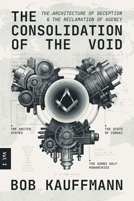 „The Consolidation of the Void“, „Bob Kauffmann“, Zahnräder und technische Illustrationen mit Kompasssymbol.