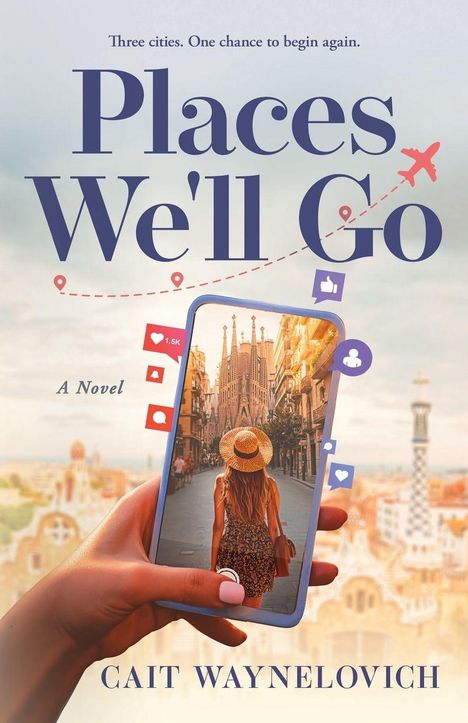"Places We'll Go" von Cait Waynelovich: Eine Frau mit Hut blickt auf eine Stadtlandschaft durch ein Handy.