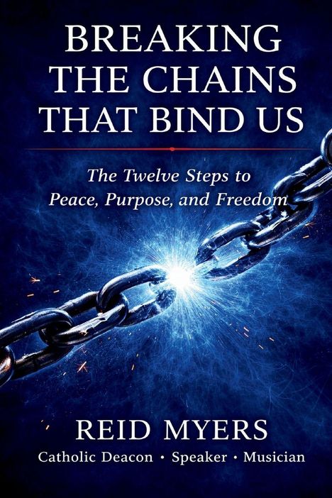 "Breaking the Chains That Bind Us" in Großbuchstaben, darunter ein Lichtblitz, der eine Kette zerreißt.