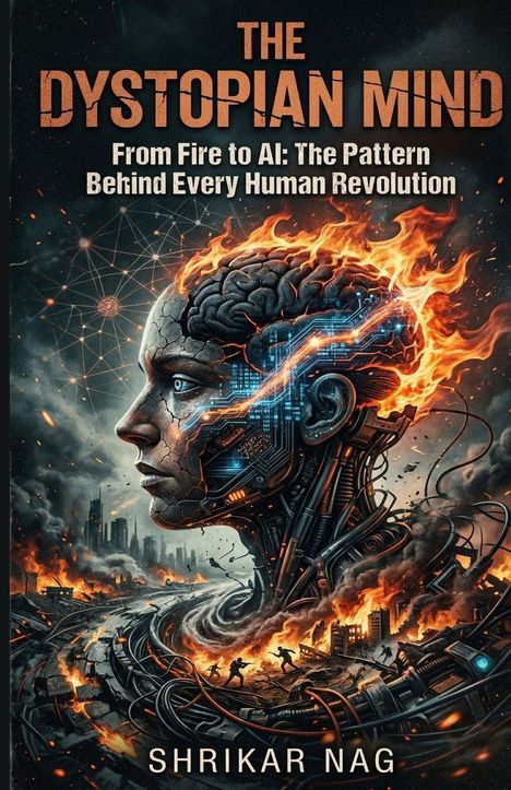 "THE DYSTOPIAN MIND. From Fire to AI: The Pattern Behind Every Human Revolution. SHRIKAR NAG." Illustration eines brennenden Kopfes.