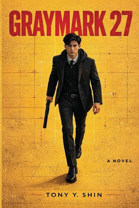 "GRAYMARK 27", "A Novel", "Tony Y. Shin". Ein Mann im Anzug mit Pistole, gelber Hintergrund mit technischen Linien.