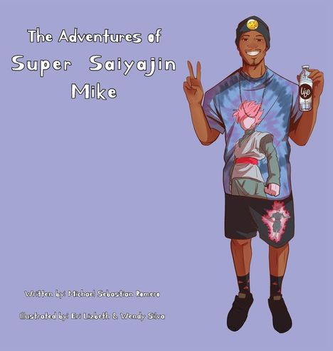 "The Adventures of Super Saiyajin Mike" steht oben. Darunter ein lächelnder Mann in Anime-Kleidung mit einem Getränk.