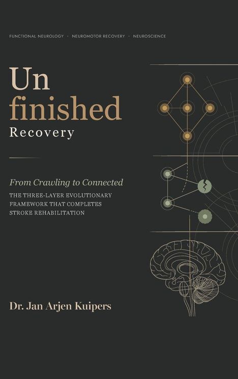 "Unfinished Recovery: From Crawling to Connected" ist der Titel eines Buches von Dr. Jan Arjen Kuipers. Abbildung eines Gehirns.