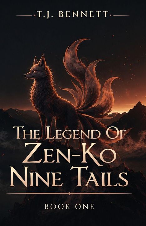 „T.J. Bennett. The Legend Of Zen-Ko Nine Tails. Book One“. Eine stilvolle Illustration eines neunschwänzigen Fuchses.