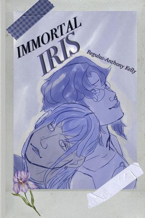 „IMMORTAL IRIS“ und „Regulus-Anthony Kelly“. Illustration: Zwei Personen, lila Farbschema, maskiert von Klebeband.
