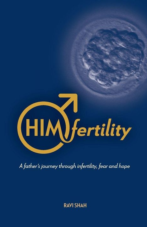„HIMfertility“: Ein Kreis mit einem Männlichkeitssymbol, ein Embryo und „RAVI SHAH“ sind auf blauem Hintergrund zu sehen.