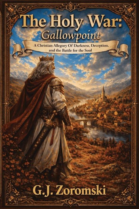 „The Holy War: Gallowpoint“ - Buchcover mit König in Landschaft, Burg im Hintergrund, goldene Verzierungen.