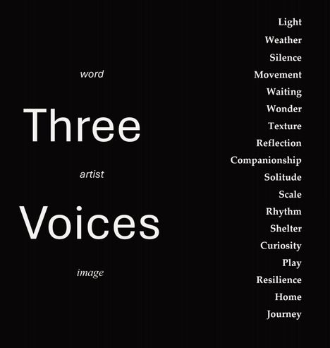 „Three Voices“ steht zentral. Rechts: Light, Weather, Silence, Movement, bis Journey. Schwarzer Hintergrund.