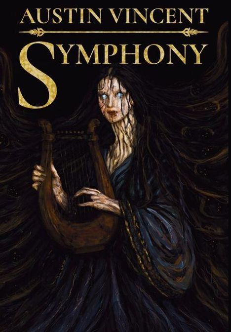 "Austin Vincent Symphony" steht oben. Eine gespenstische Figur mit langer dunkler Kleidung spielt eine Harfe.