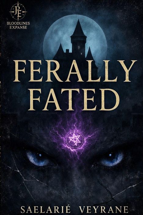 "FERALLY FATED", "BLOODLINES EXPANSE", "SAELARIÉ VEYRANE". Dunkles Schloss vor Vollmond, leuchtendes Pentagramm über blauen Augen.