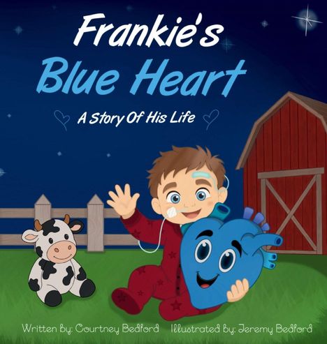 "Frankie's Blue Heart: A Story of His Life." Illustration eines lächelnden Kindes mit blauem Herz, Kuh, Zaun und Scheune.