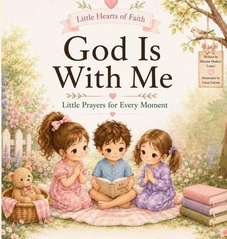 Text: "Little Hearts of Faith", "God Is With Me", "Little Prayers for Every Moment". Drei Kinder knien im Garten, ein Junge liest.