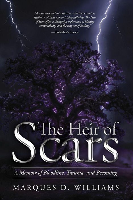 "The Heir of Scars" in silberner Schrift, violetter Baum vor einem stürmischen Himmel mit Blitzen.