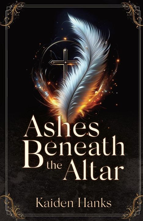 „Ashes Beneath the Altar“ und „Kaiden Hanks“ vor einem großen, leuchtenden Federkiel und schwebendem Kreuz.