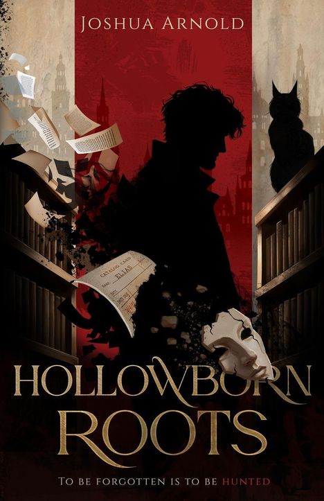Ein Schattenprofil vor rotem Hintergrund, fliegende Seiten und eine weiße Maske, mit "HOLLOWBORN ROOTS" im Vordergrund.