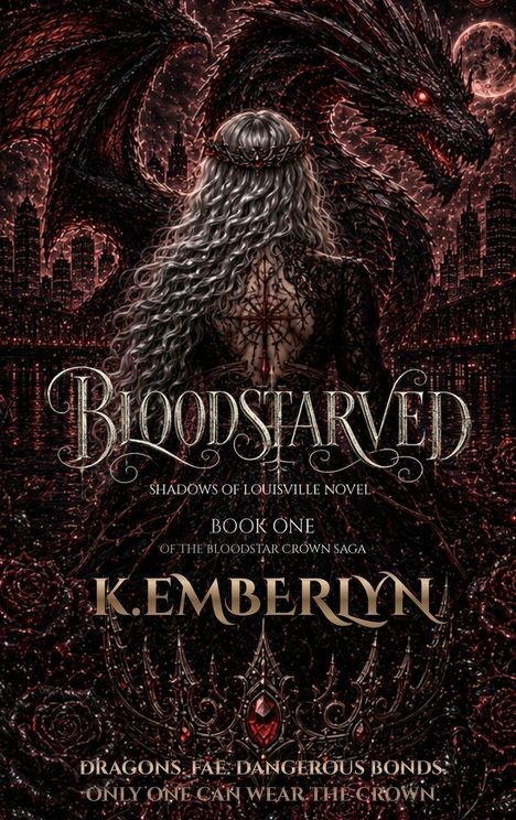 "Bloodstarved," "A Shadows of Louisville Novel," "Book One of the Bloodstar Crown Saga" von "Kemberlyn." Drachen über Stadt.