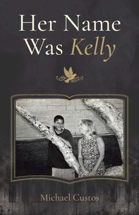 Text: "Her Name Was Kelly", "Michael Custos". Zwei Personen unterhalten sich freundlich. Oben eine Taube als Emblem.