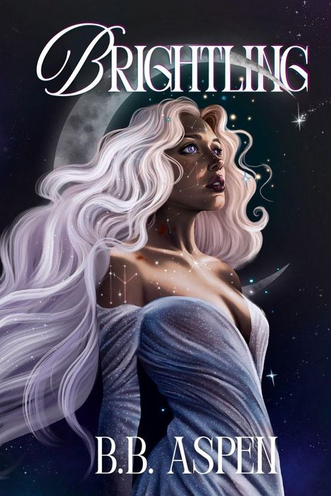 "BRIGHTLING" und "B.B. ASPEI" stehen oben und unten. Eine Frau mit langen, weißen Haaren vor Mond und Sternenhimmel.