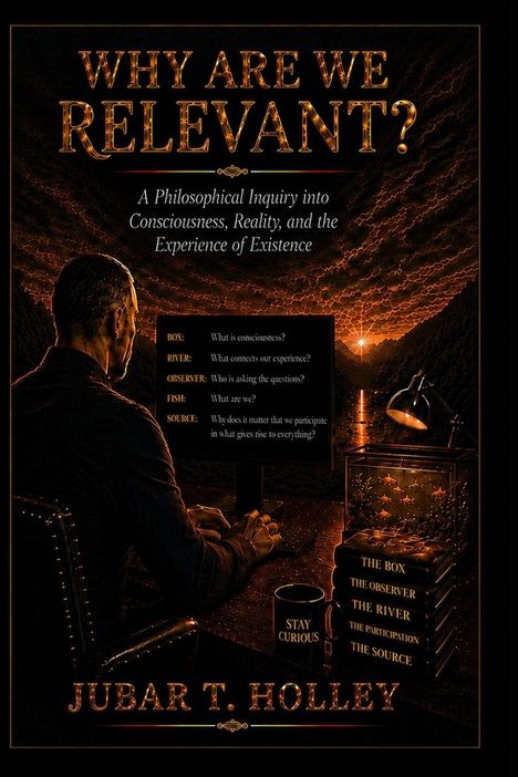 "WHY ARE WE RELEVANT?", darunter philosophische Fragen. Links ein Mann, rechts Bücher, ein Aquarium, und eine Lampe.