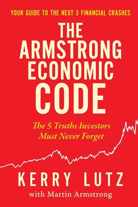 Text: "The Armstrong Economic Code," "The 5 Truths Investors Must Never Forget." Roter Hintergrund, weiße und gelbe Schrift.