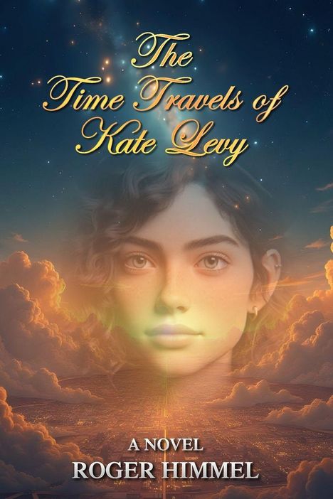 "The Time Travels of Kate Levy", "A Novel", "Roger Himmel". Illustration eines Gesichts vor einem Sternenhimmel und Wolken.