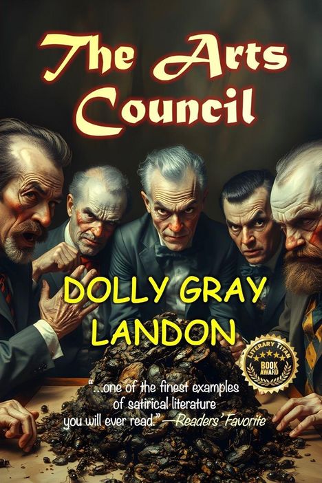 "The Arts Council", "DOLLY GRAY LANDON". Eine Gruppe älterer Männer mit ernsten Gesichtern umgibt einen Tisch voller Insekten.