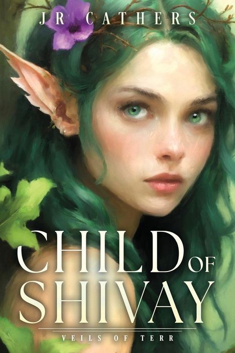 Buchtitel: "CHILD OF SHIVAY" von JR CATHERS, Untertitel: "VEILS OF TERR". Eine Elfenfrau mit grünen Haaren und spitzen Ohren.
