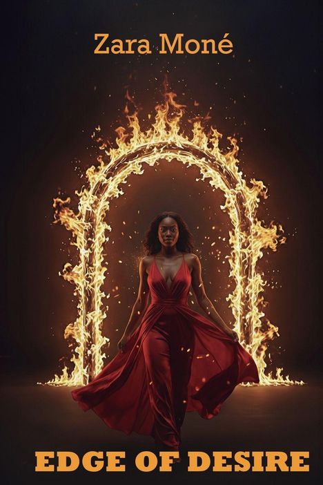 "Zara Moné" oben, "EDGE OF DESIRE" unten. Frau im roten Kleid geht durch brennenden Torbogen.