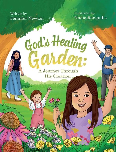 Text: "God's Healing Garden: A Journey Through His Creation." Illustration mit fröhlichen Menschen und bunten Blumen.