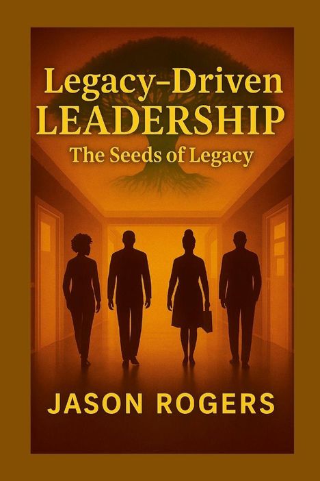 "Legacy-Driven Leadership: The Seeds of Legacy" von Jason Rogers. Silhouetten von vier Menschen vor einem großen Baum.