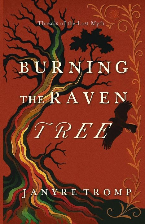 „Burning the Raven Tree“ von Janyre Tromp. Abstrakter Baum mit kräftigen Farben und ein Rabe im Flug.