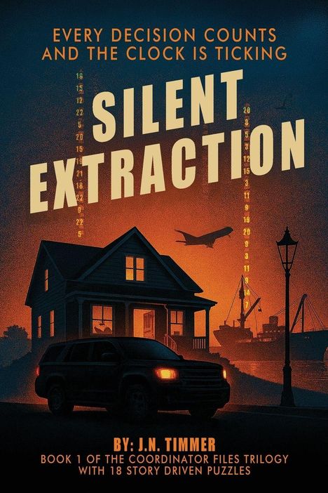 "Silent Extraction" von J.N. Timmer. Ein beleuchtetes Haus, ein Auto, ein Flugzeug und ein Schiff bei Sonnenuntergang.