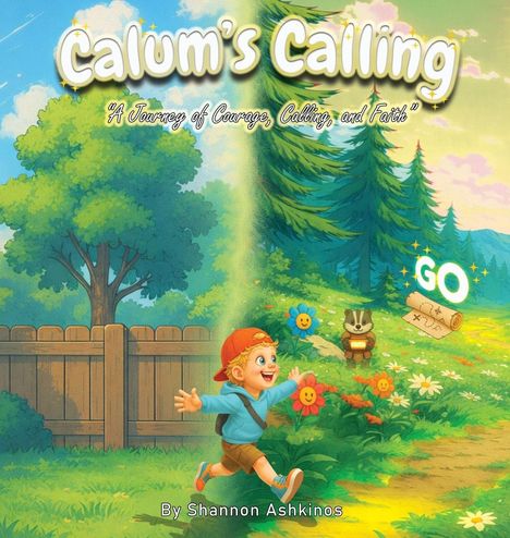„Calum's Calling“, „A Journey of Courage, Calling, and Faith.“ Kind läuft freudig in farbenfrohem Wald.