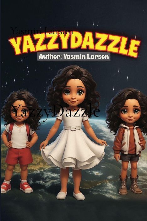 Oben steht "YAZZYDAZZLE" und "Author: Yasmin Larson". Drei animierte Figuren mit lockigem Haar, Erde im Hintergrund.