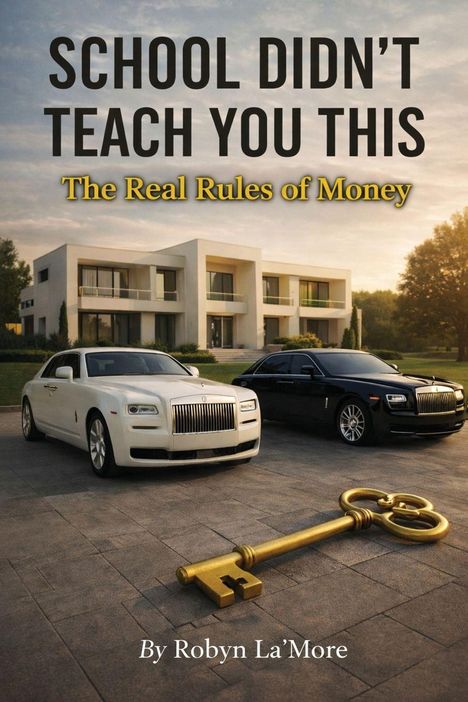 "School Didn't Teach You This. The Real Rules of Money. By Robyn La'More." Zwei Autos, großes Haus, goldener Schlüssel.