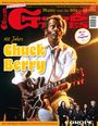 "100 Jahre Chuck Berry" in gelber Schrift. Ein Mann mit E-Gitarre, eine Gruppe von fünf Männern rechts unten.